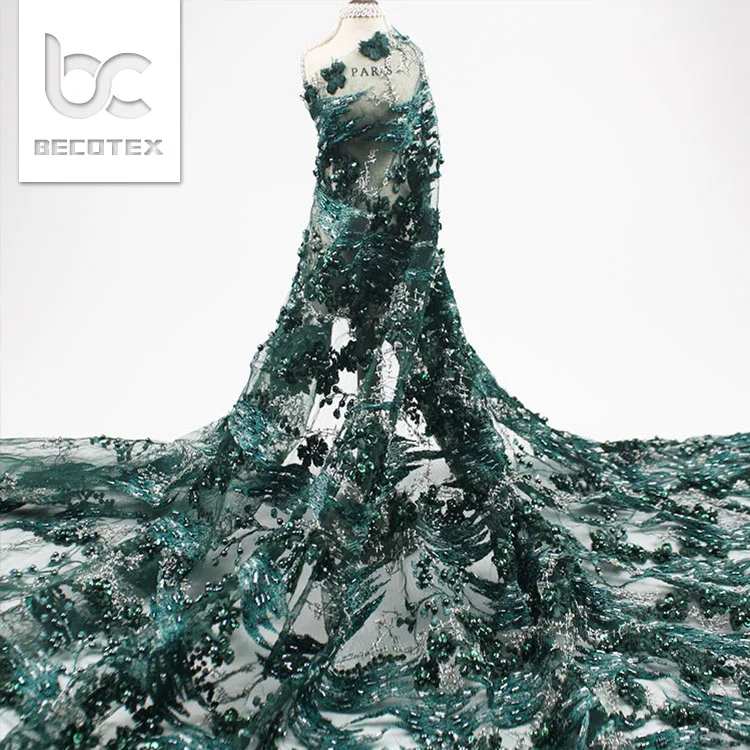 

Exclusive emerald green bridal wedding french 3d beaded lace embroidery glossy thread evening dress fabrics, Customized