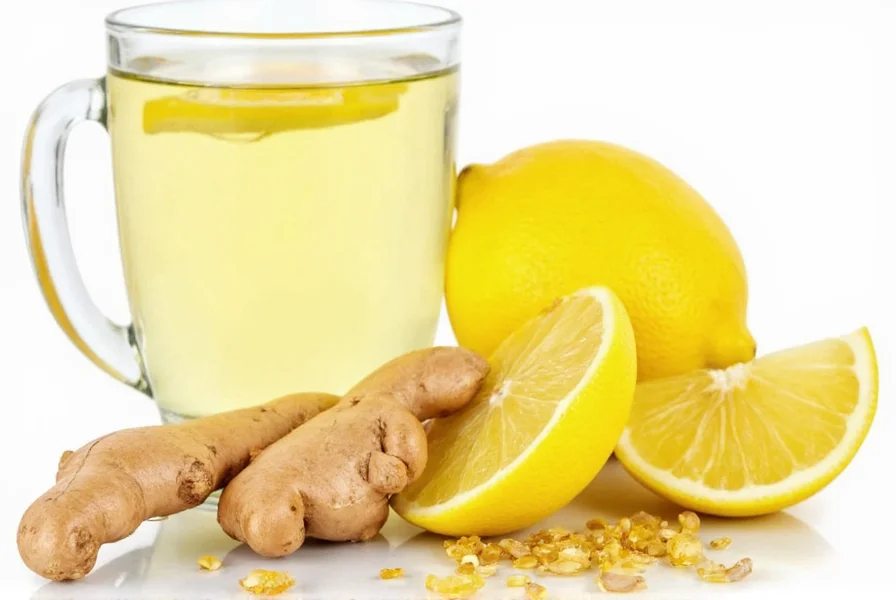 Fresh ginger root and lemon slices steeping in clear glass teapot with steam rising