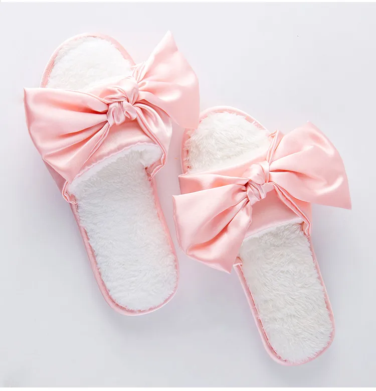 

Women Plush Pink Bow Bride embroidery faxu fur slide open toe slipper