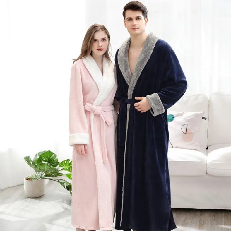 

2021 New Winter Thicken Flannel Robes Stitching Fur Collar Long Flannels Robe Women Skin-friendly Hotel Robe For Couples
