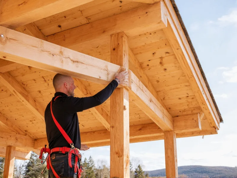 Professional installing log cabin roof trusses with safety harness
