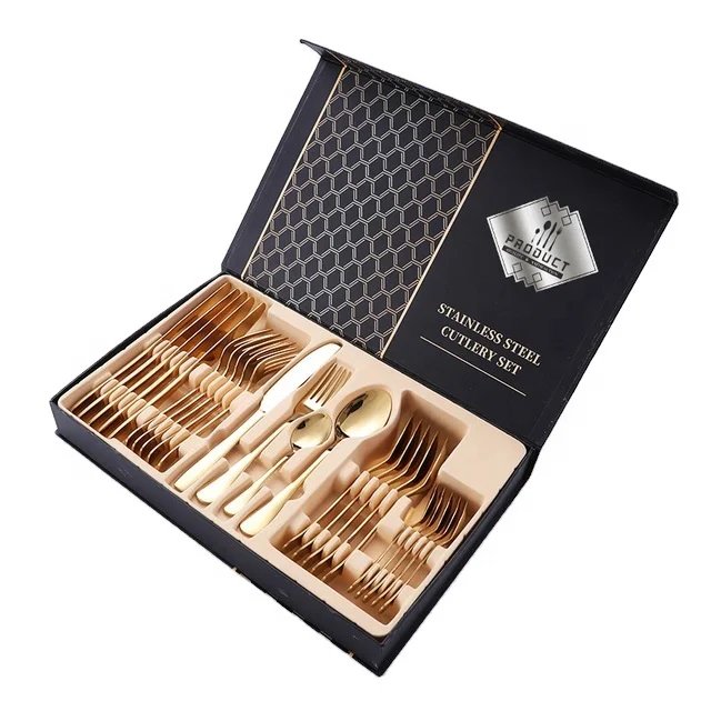 

Amazon top sale Luxury cutlery flatware set with gift box stainless steel Gold cutlery set 24pcs, 5 colors