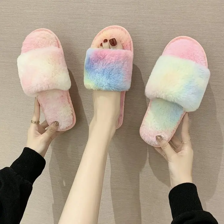 

2020 Home Soft Bottom Non-slip Furry Slippers Women's Flip-Flop Rainbow Outer Wear Cotton Slippers Large Size Europe and America