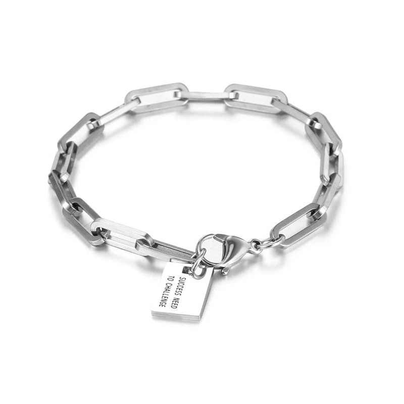 

Trendy 2021 Mens Stainless Steel Custom Engraving Square Tag Paperclip Link Chain Bracelet Customized Logo Name Inspire Bracelet