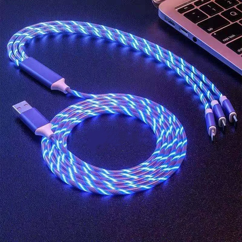 

Mobile phone Micro usb Type C LED light Glowing multi-function charger 3 in 1 USB charging cable for iPhone 12 11 pro max, Green red blue rainbow
