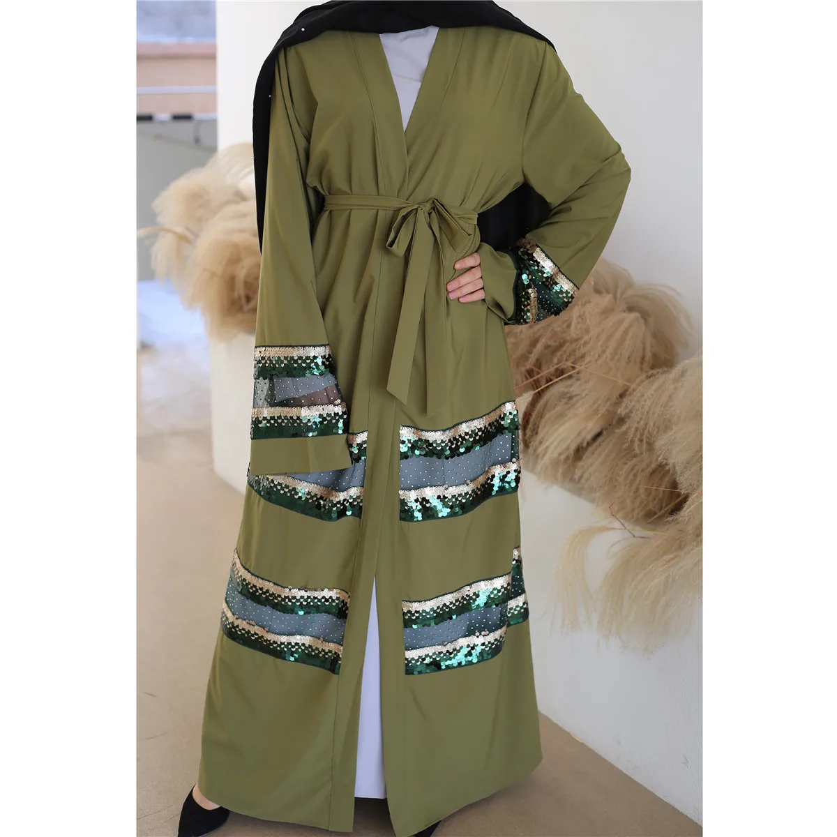 

1686MuslimQLO Muslim abaya stitched cardigan gown islamic clothing wholesale open abayas kimono abaya, 3 color