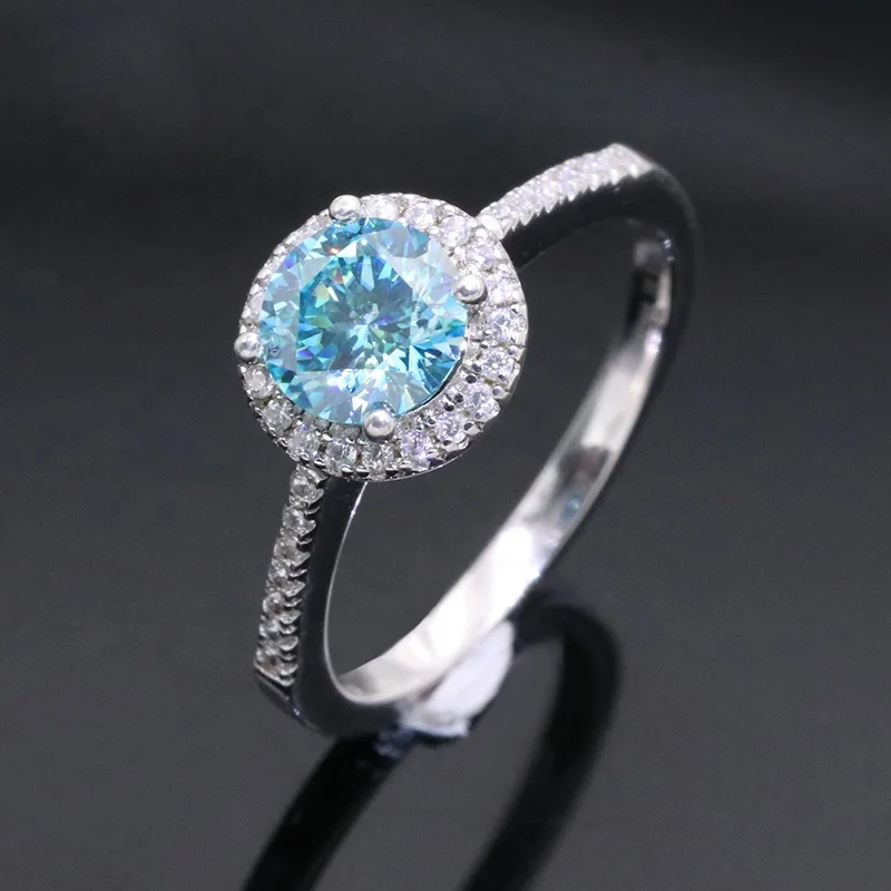 Find Jewelry 925 Sterling Silver Green Moissanite Ring 1ct 2ct 3 Carat Aqua Blue Round Cut Moissanite Diamond Ring for Gift