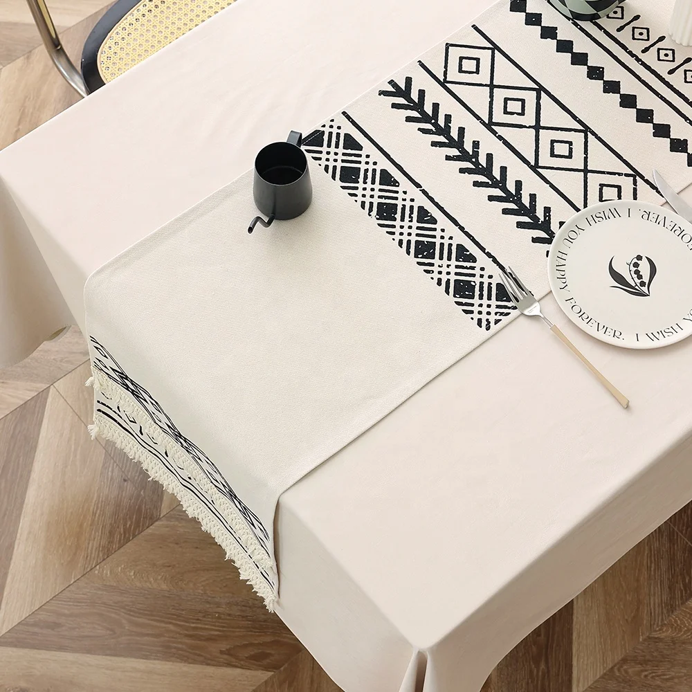 

Modern home dining table decor unique printed geometric pattern tufted tassel cotton woven table runner