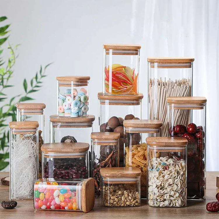 

home goods sealed air tight square glass jars with bamboo lid, Transparent