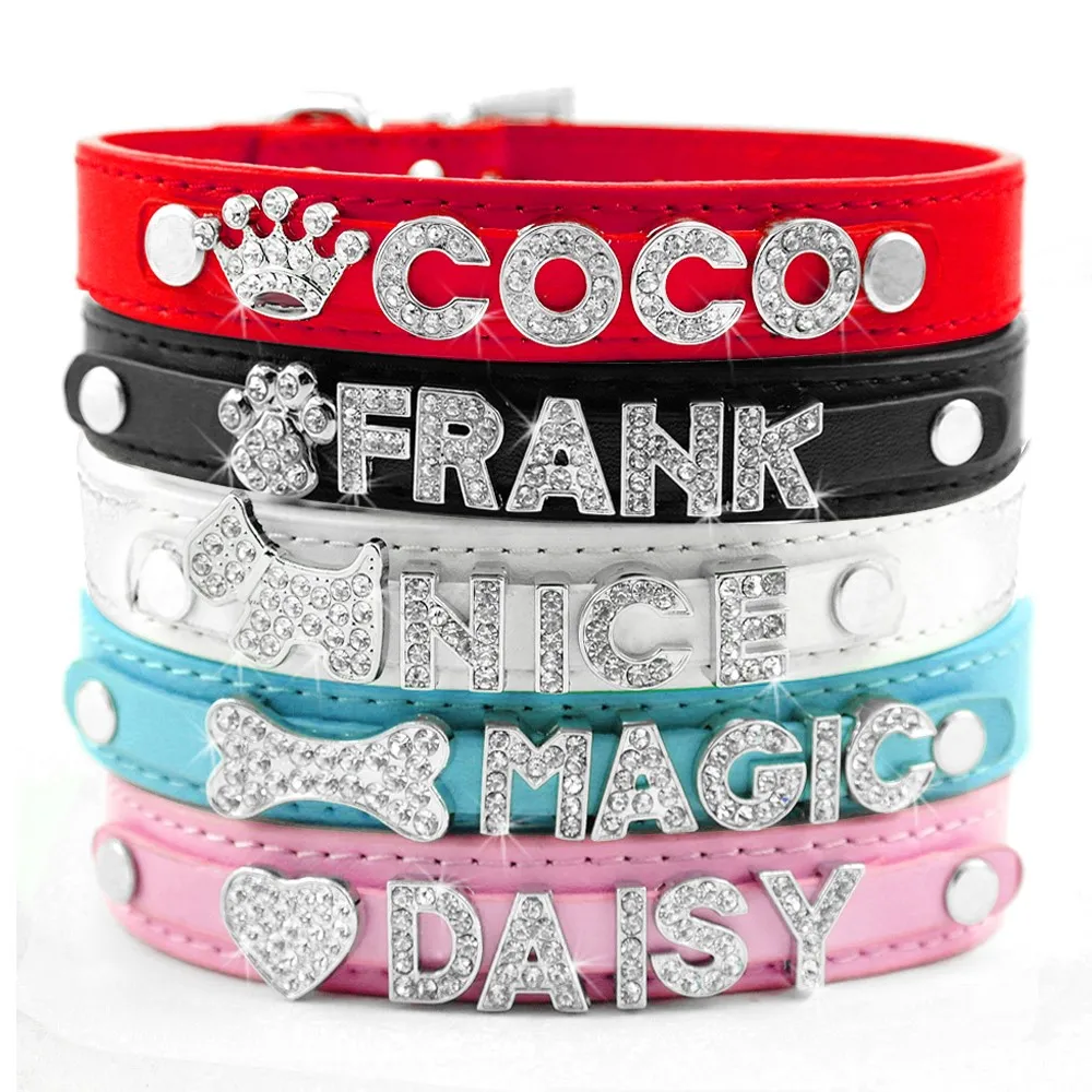 

10MM Rhinestone DIY Name Personalized Dog Collar Full Diamond 26 Letters KeyChain Pet Collars, Red/green/black/white/pink