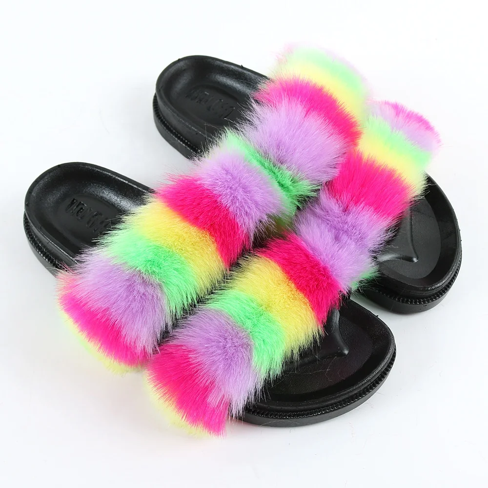 

Wholesaling Colorful Women Indoor Household Use Double Strap Fluffy Faux Fox Fur Slippers