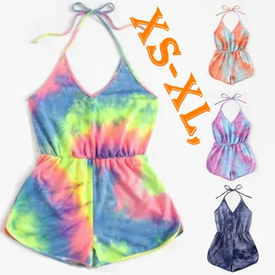 

8002 Tie dye printed open back tie women onesie beach Jumpsuit, Yellow, purple,orange,blue