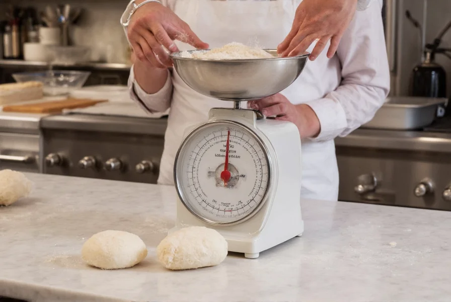 Professional baker measuring King Arthur Flour for cinnamon roll dough with precise kitchen scale