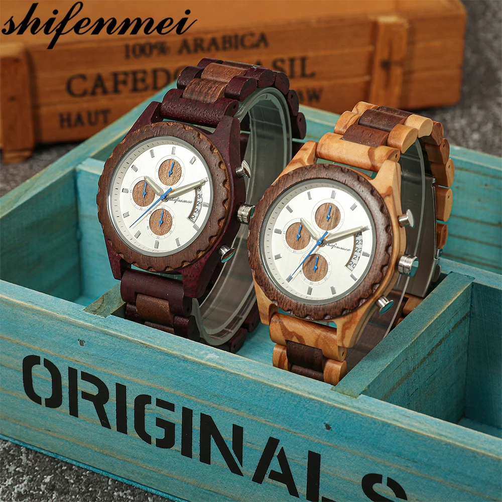 

OEM acceptable shifenmei S5568 Wooden on Face 6 Hands Multifunctional Watch