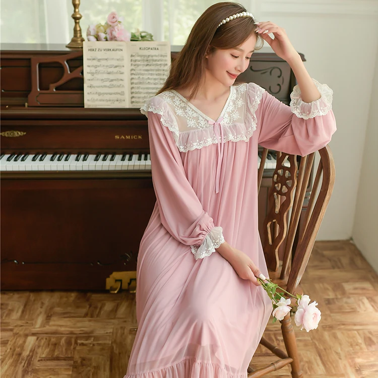 

Wholesale spring lace sleeping nightgown pajamas sleepwear home clothes for women, Pink, blue, white, light purple, bean paste, and red.