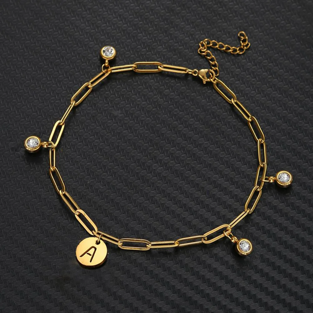 

High Quality Fade Resistant 26 Alphabet Charm Anklet Stainless Steel Diamond Stone Initial Letter Coin Ankle Bracelet Anklets
