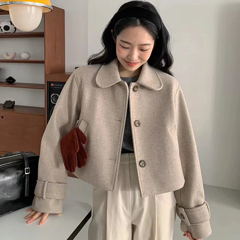 Wholesale 2026 Autumn Vintage Age Reducing Doll Collar Single Breasted Loose Versatile Solid Long Sleeve Woolen Coat