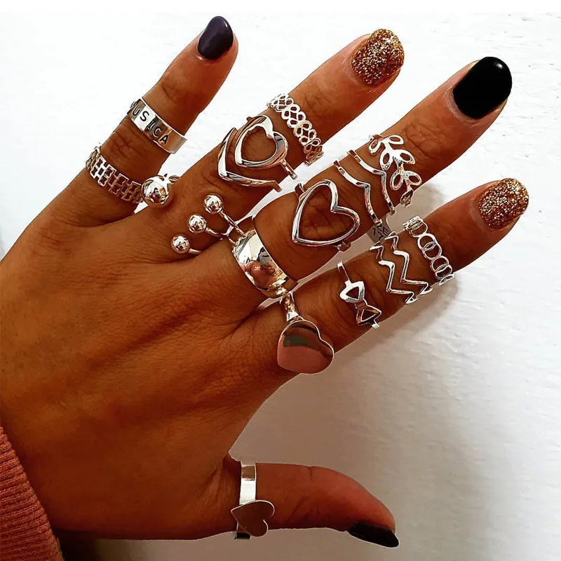 

Bohemian Stackable Joint Knuckle Ring Set Hollow Leaf Heart Midi Rings for Women and Girls, Sliver