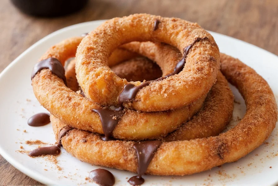 Finished Baileys cinnamon churros presentation with dusted cinnamon sugar and drizzled chocolate sauce
