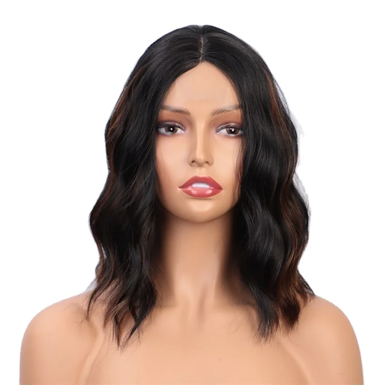 

Vigorous Cheap Top Quality Short Wavy Synthetic Middle Part Lace Wigs Heat Resistant Wholesale Price Wigs For black White Women, Black mix brown