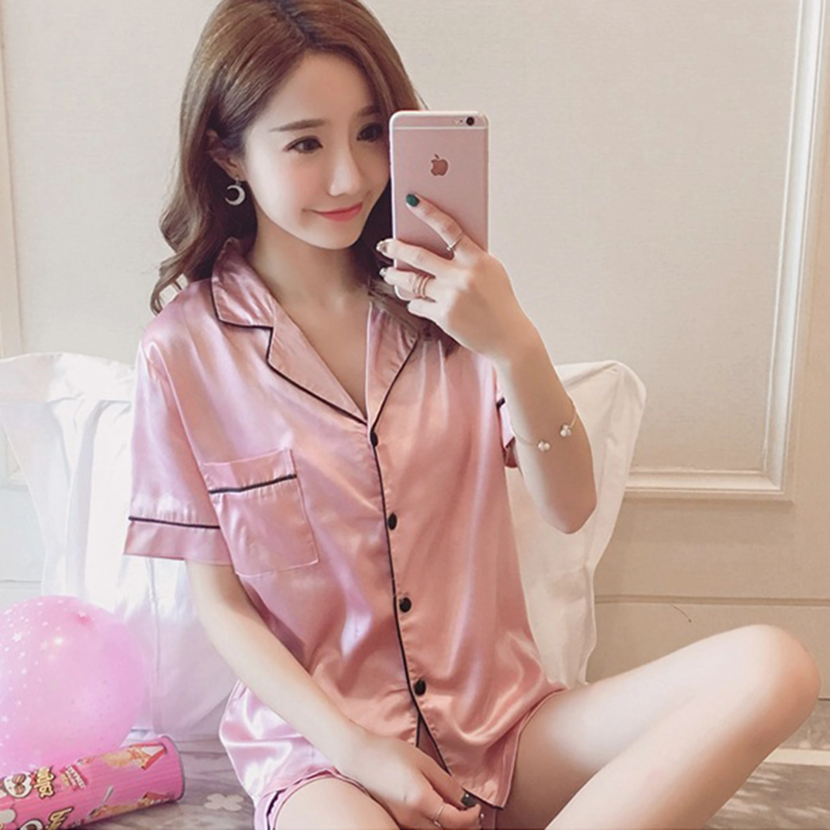 
Wholesale Summer Cardigan Short Sleeve Sleepwear Suit Female Nightwear Silk women Pajamas Set 