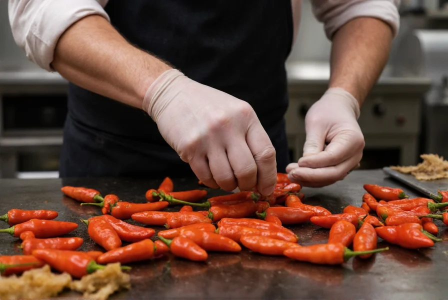 Professional chef wearing gloves carefully preparing ghost pepper sauce in commercial kitchen