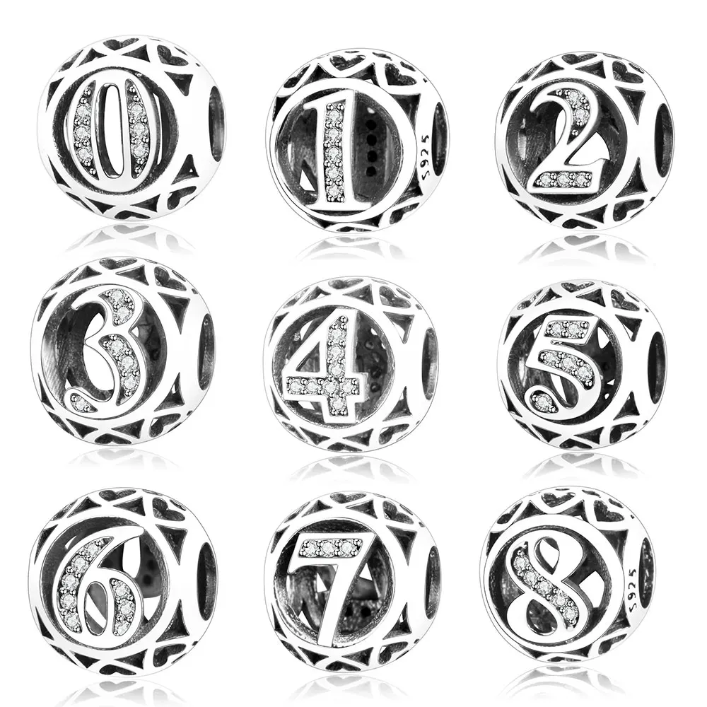 

Fashion Silver Pendant Beads 925 Sterling Silver Number 0 to 9 Charms for Jewelry Making