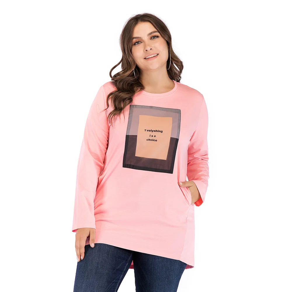 

2021 Autumn T-shirt Large Size Women Casual Round Neck T-shirt Loose Long-sleeved Stitching Women's T-shirt