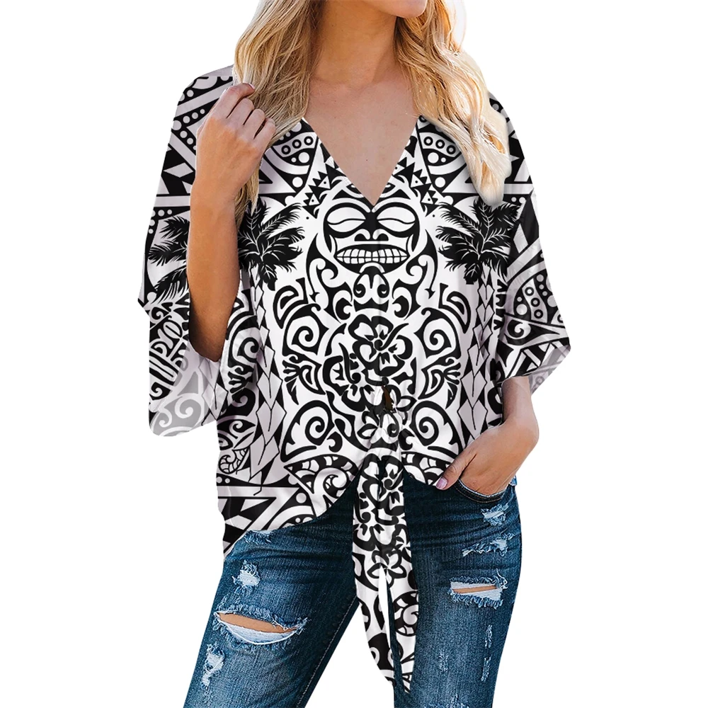 

Polynesian Traditional Tribal Style Print Ladies' Chiffon Blouses Customize Your Image V-neck Oversized Women's Chiffon T-Shirt, Customized color