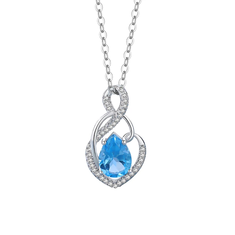 

New Design Sterling Silver Pendant with Diamonds Delicate Swiss Blue Tapaz Heart Shape Charms For Women