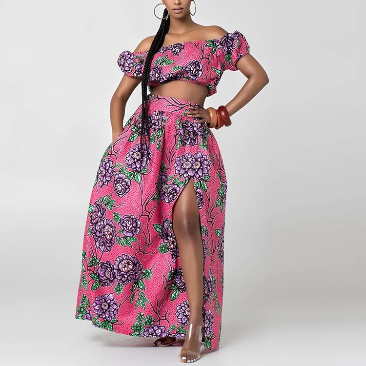 

Latest Summer Two Piece Set Lantern Sleeve African Kitenge Dress Designs Beach Long Maxi Dress, As shown