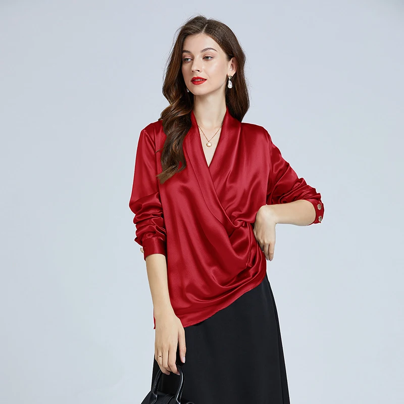 

Luxury Cross V Neck 22Momme 100% Silk Shirt Pure Mulberry Silk Blouse For Women