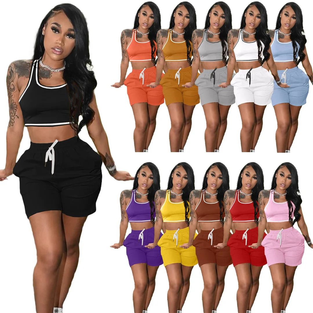 

2021 Women Two Piece Jogging Short Pant Sets Tank Top Women 2 Piece Biker Short Set