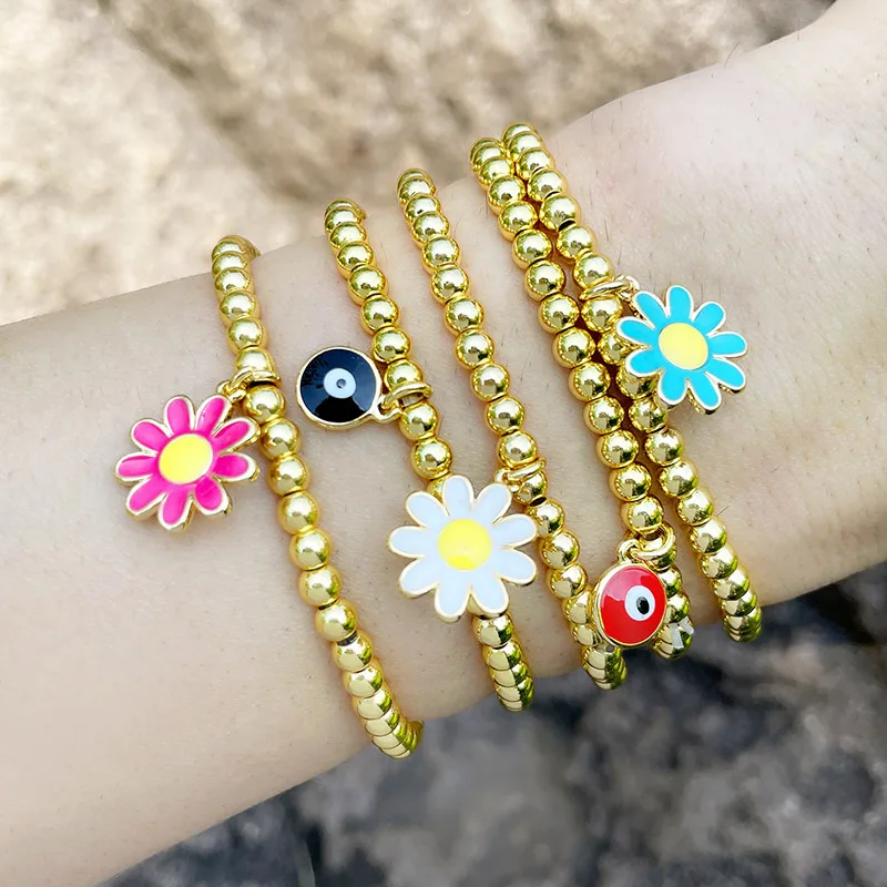 

2021 Hot Sale European Bohemian Ethnic Small Flower Daisy Round Bead Elastic Charm Bangle Bracelet Women Ladies Gifts Jewelry, As pic