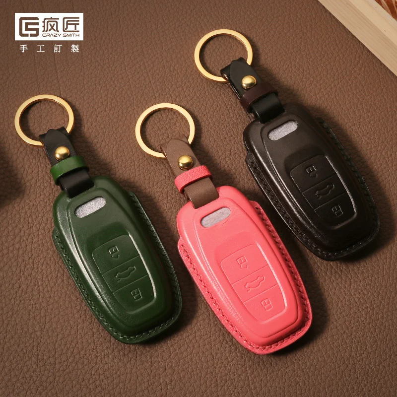 

2021 NEW High Grade LeatherCraft Hand Sewing Genuine Leather Smart Car Key Case Cover for AUDI A6L/Q5/A4/A5/A7, 17 color available