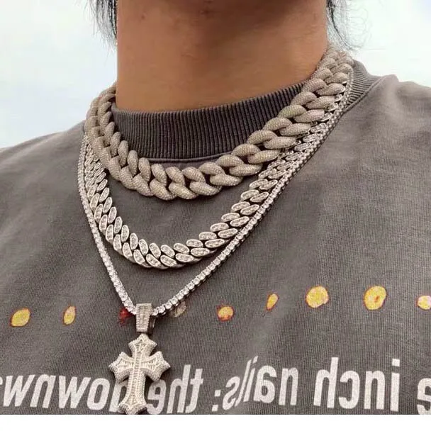 

Hip hop Jewelry Choker 20 mm Cuban Chain Necklace Gold Silver Color Rhinestone CZ Necklace for Men, Gold,silver,rose gold