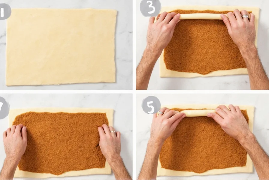 Step-by-step cinnamon swirls preparation showing cinnamon sugar mixture on rolled pastry