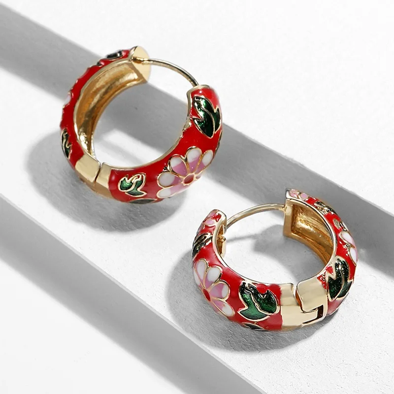 

CAOSHI Ins Colorful 18k Gold Plated Round Enamel Hoop Earrings Dripping Oil Flower Huggie Earring for Women Jewelry
