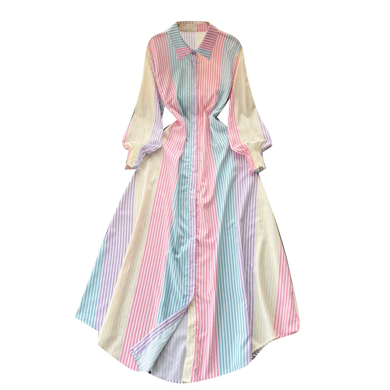 

Causal Smocking Cuff Long Bishop Sleeve Button Down Candy Color Striped Design Maxi Shirt Dress