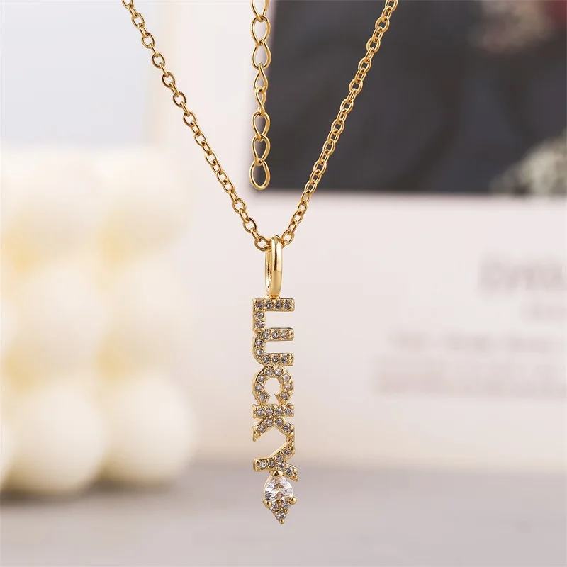 

New minimalist necklace with Luck letter Pendant zircon 18k gold collarbone chain necklace, As pic