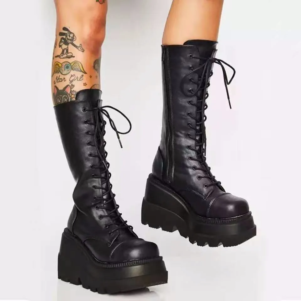 

Wholesale Autumn Chunky High Heels Platform Wedge Rivet Hasp Waterproof Punk Martin Boots goth boots