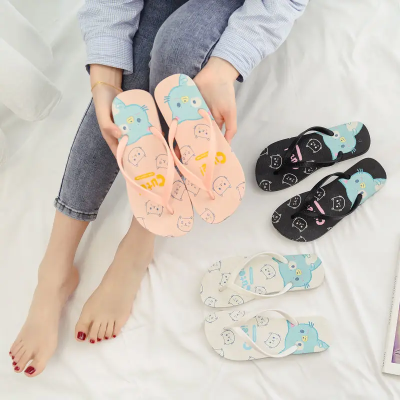 

New arrival beach summer shoes women fashion flat Cute cartoon cat ladies women flip flop sandals, Black, pink ,white