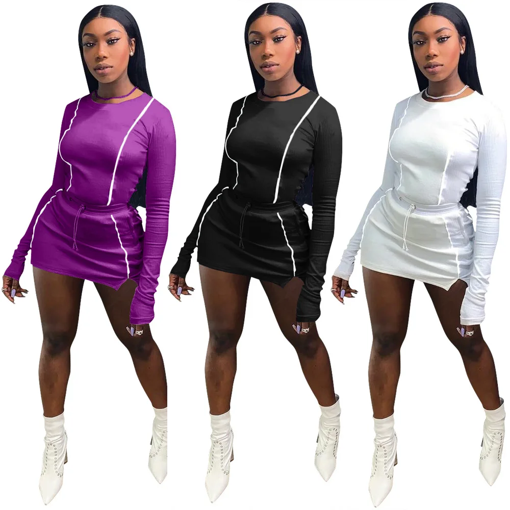 Reflective Striped Women 2 Piece Skirt Set Autumn Fashion Women Two Piece Set Clothing