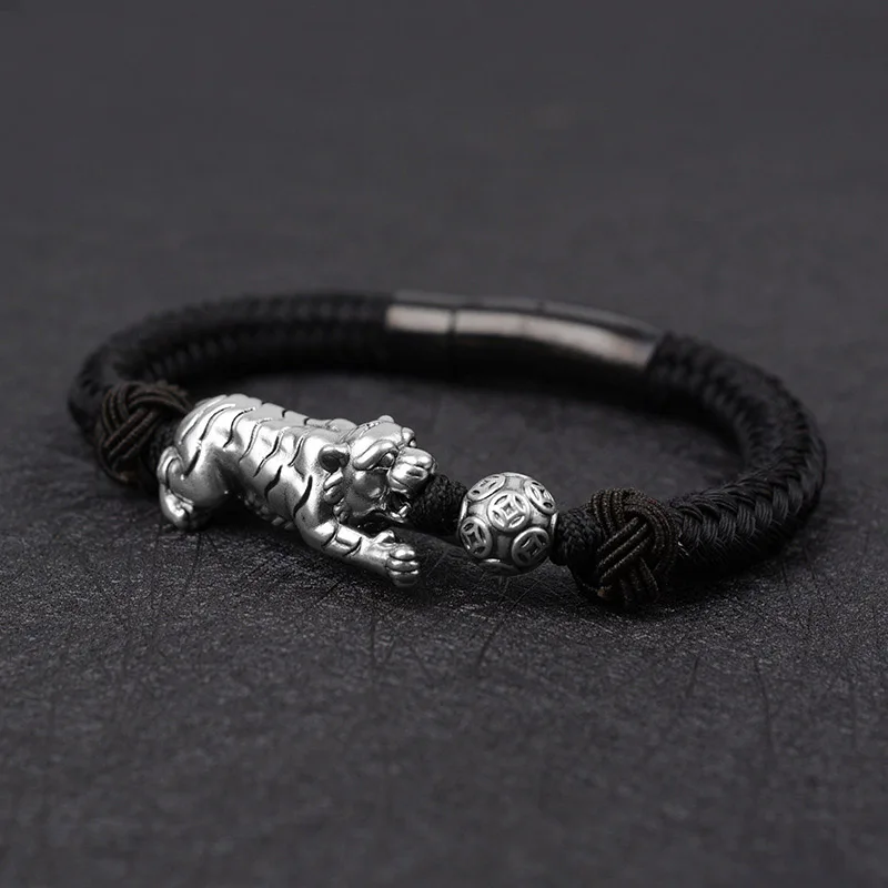 

Sterling Silver 999 Tiger Rope Hand Braided Bracelet for Men And Women Vintage Ethnic Style Amulet Hiphop Rock Jewelry