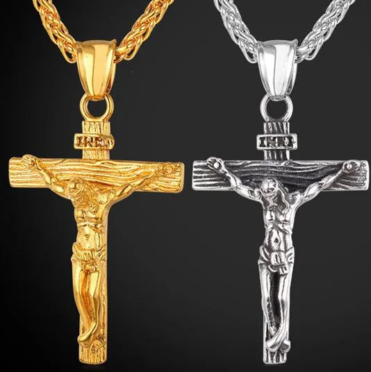 

Religious Jesus Cross Necklace for Men Women 585 Rose Gold Crucifix Pendant Necklace Fashion Jewelry Gift, Picture shows