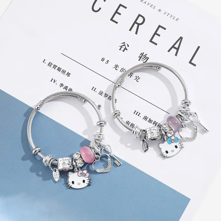 

SC Hot Selling Waterproof Colourfast Stainless Steel Bracelets Small Fresh Silver Heart Pink Blue Cartoon Cat Charm Bracelets