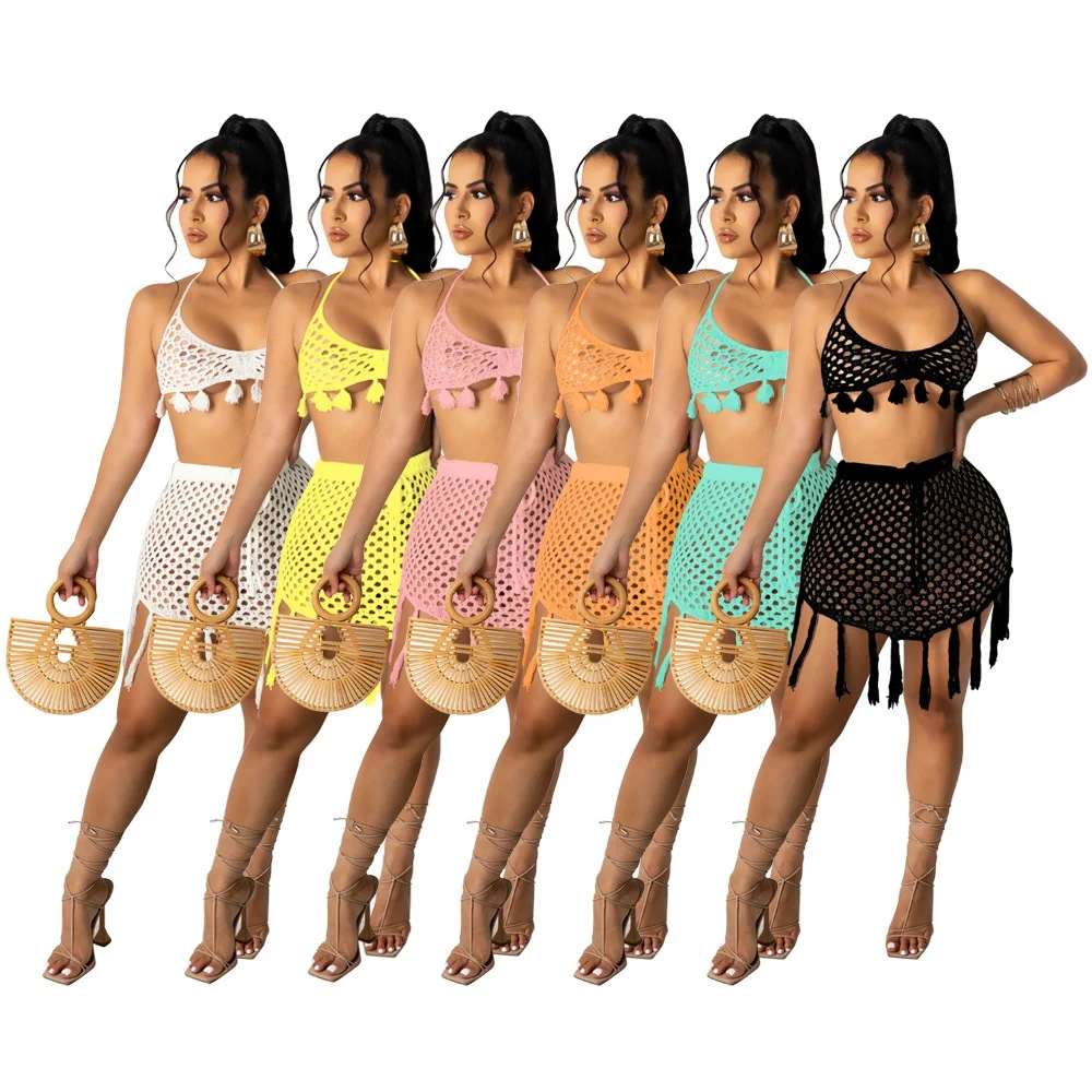 

MT58-1139 2021 New Arrivals Sexy 2 Piece Set Women Crochet Swimsuits Beachwear Women's Skirts Two Piece Clothing