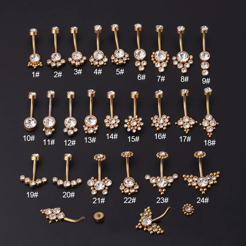

YW 24 Styles Dangle Belly Button Rings for Women Girls 316L Surgical Steel Curved Navel Barbell Crystals Body Jewelry Piercing