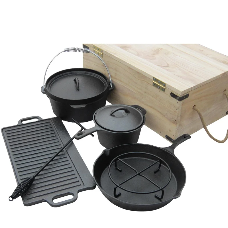 

outdoor cast iron cookware 7 pieces dutch oven sets, Black
