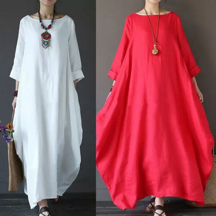 

Wholesaler Summer Women Ladies Casual Loose Tunic linen dress cotton Cropped Sleeve Long Dress for women L-5XL, White, black, red, dark green, blue